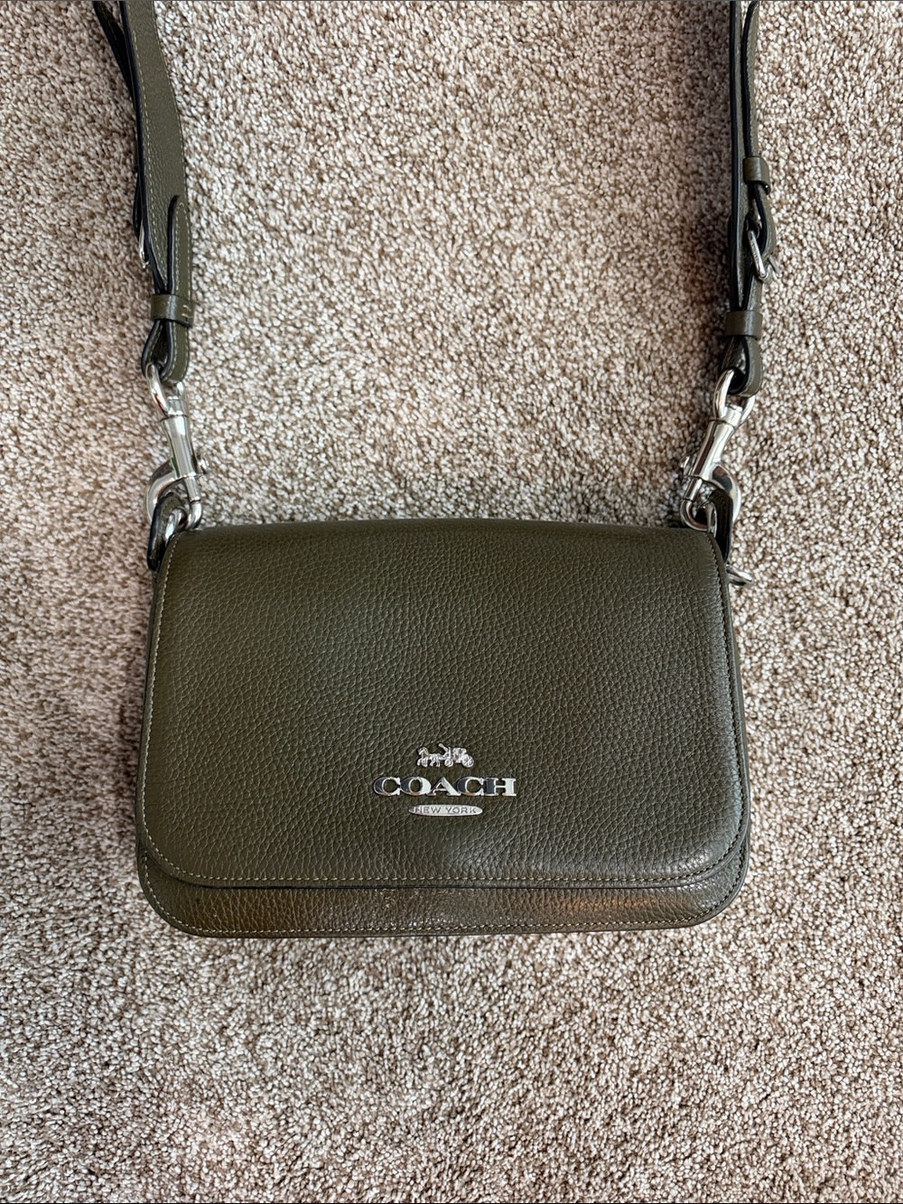Coach Olive Green Pebbled Leather Crossbody with Silver Hardware